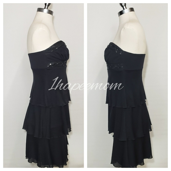 Black Strapless Dress Sequin Trim Layered Skirt - Picture 4 of 9